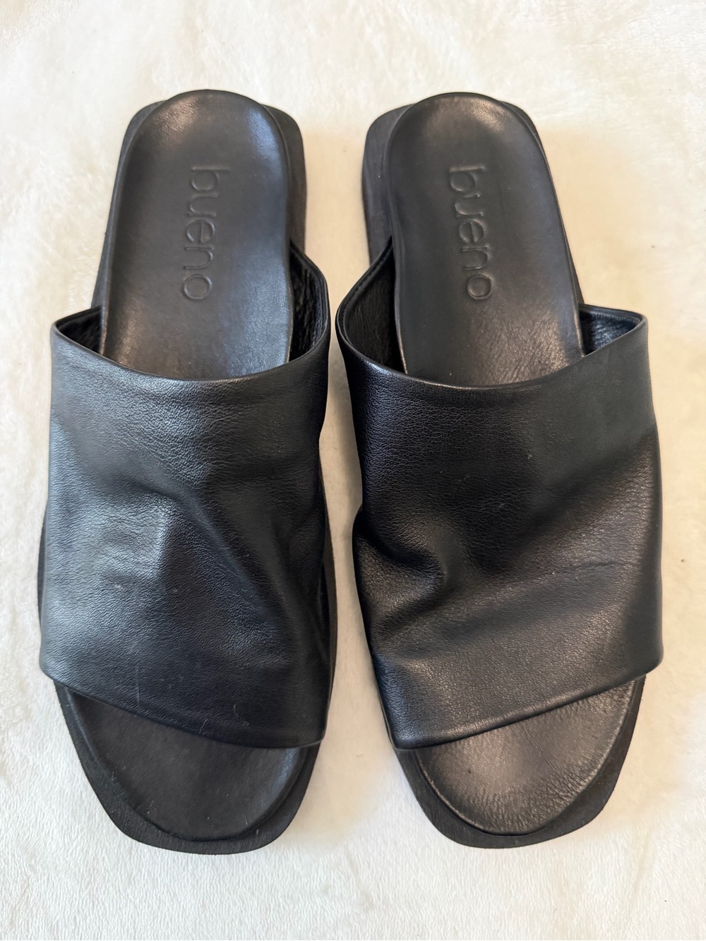 Bueno Black Leather Slide Mules